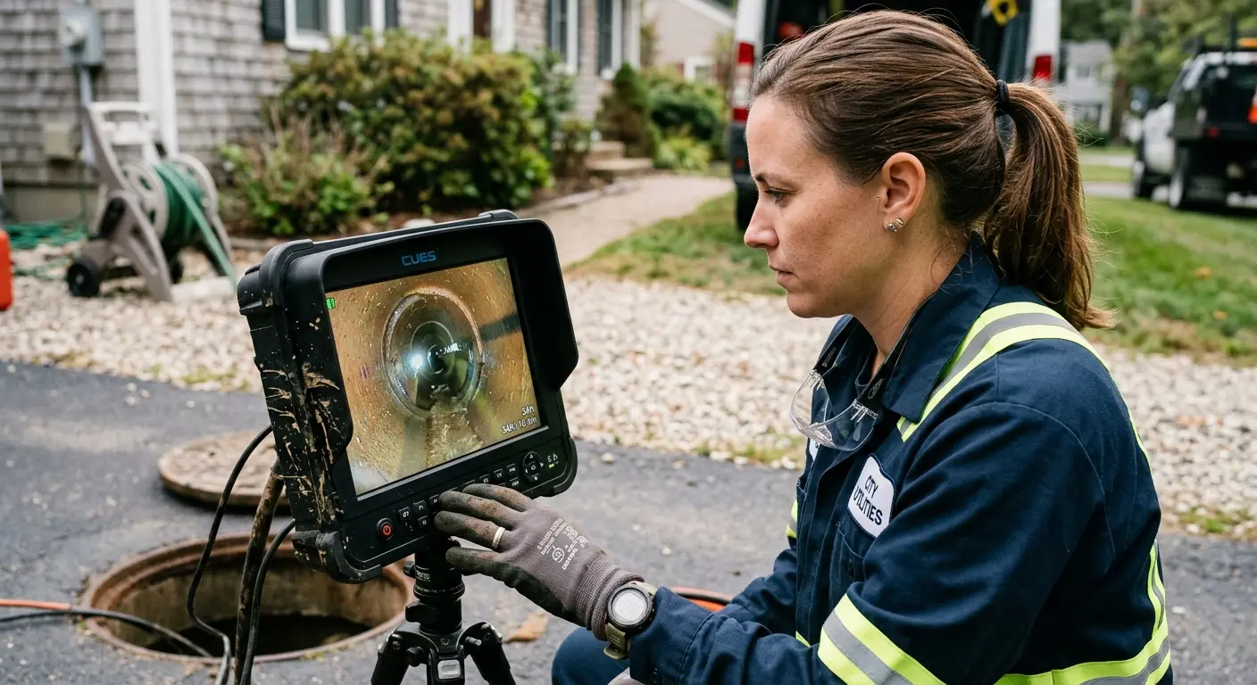 Technician reviewing sewer camera inspection footage in Mount Vista