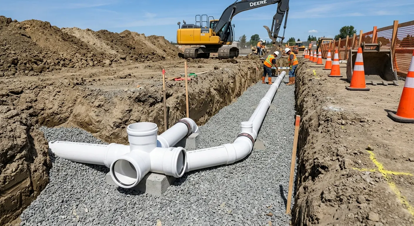 New PVC sewer pipe installation in open trench for Grease Trap Cleaning in Mount Vista